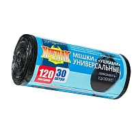 Мешки для мусора 120 л, с ушками, черные, в рулоне 30 шт., ПНД, 15 мкм, 1100х700 мм, Крепак, 4607075710375 в Новоуральске